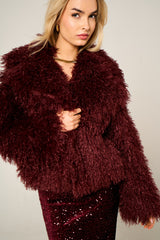 Wine Soft Fluffy Faux Fur Warm Cozy Winter Short Coat - Elixia