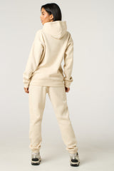 Cream Oversized Front Pocket Pullover Hoodie Cuffed Joggers Loungewear Set - Alexia