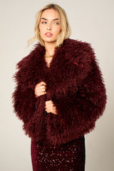 Wine Soft Fluffy Faux Fur Warm Cozy Winter Short Coat - Elixia