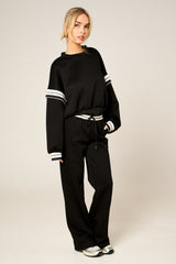 Black Oversized Striped Sleeves Sweatshirt With Trouser Co Ord Set - Floranique