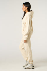 Cream Oversized Front Pocket Pullover Hoodie Cuffed Joggers Loungewear Set - Alexia