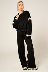 Black Oversized Striped Sleeves Sweatshirt With Trouser Co Ord Set - Floranique