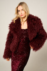 Wine Soft Fluffy Faux Fur Warm Cozy Winter Short Coat - Elixia