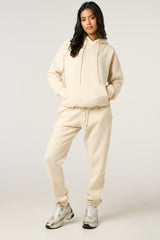 Cream Oversized Front Pocket Pullover Hoodie Cuffed Joggers Loungewear Set - Alexia