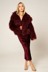 Wine Soft Fluffy Faux Fur Warm Cozy Winter Short Coat - Elixia