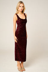 Wine Sequin Sleeveless Sparkly Bodycon Midi Dress - Romancia