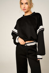 Black Oversized Striped Sleeves Sweatshirt With Trouser Co Ord Set - Floranique