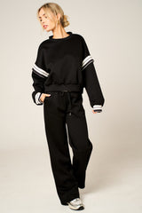 Black Oversized Striped Sleeves Sweatshirt With Trouser Co Ord Set - Floranique