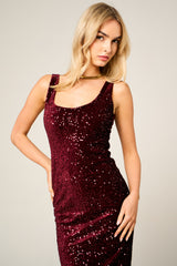 Wine Sequin Sleeveless Sparkly Bodycon Midi Dress - Romancia