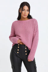 Pink Crochet Oversized Knit Long Sleeve Sweater - Uriel