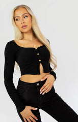 Black Button Front Long Sleeve Crop Top - Novina