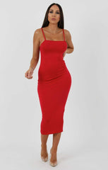 Red Square Neck Strappy Midi Dress - Carly