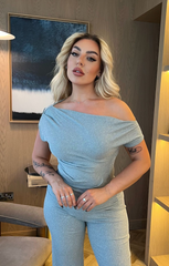 Grey Ribbed Slash Neck Top with Wide Leg Trouser Loungewear Set - Bellina