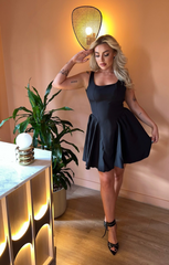 Black Square Neck Backless Tie Bow Skater Mini Dress - Majesta