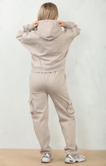 Dove Grey Cropped Fleece Hoodie with Cargo Jogger Sweatpants Loungewear Set - Roshana