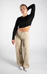 Black Ribbed Long Sleeve Backless Crop Top - Jenavira