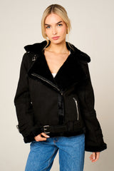 Black Faux Suede Aviator Jacket - Skylar