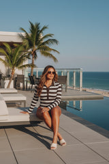 Brown Striped Long Sleeve Contrast Collar Button Up Bodysuit - Aida