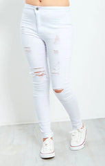 White High Waisted Ripped Distressed Skinny Jeans - Florita
