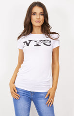 White ‘NYC Brooklyn’ Slogan Print T-Shirt - Elissara