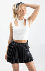 Black Belted Pleated Faux Leather Skirt - Soretta
