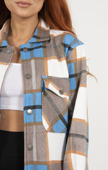 Sky Blue & Brown Oversized Check Print Longline Shacket - Fialetta