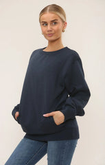 Navy Oversized Crew Neck Rib Cuff & Hem Long Sleeve Sweatshirt With Pocket Detail - Melanie