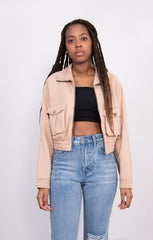 Beige Zip Up Long Sleeve Cargo Pocket Cropped Sweatshirt - Ayla