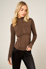 Chocolate High Neck Fitted Zip Up Lightweight Jacket - Sovanna