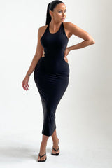 Black Cross Over Back Cut Out Gold Chain Detail Midi Dress - Indie