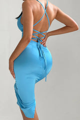 Sky Blue Satin Strappy Tie Detail Bodycon Midi Dress - Zyra