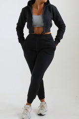 Black Zip Up Crop Hoodie & Joggers Loungewear Set - Nell