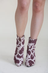 Brown Cow Print Block Chunky Heel Ankle Western Boots - Miraluna