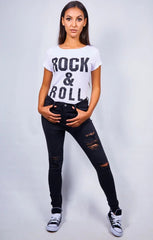 White ‘Rock & Roll’ Slogan Print T-Shirt - Carisella