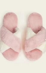 Pink Fluffy Cross Strap Slippers - Myra