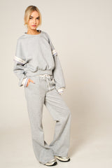 Grey Oversized Striped Sleeves Sweatshirt With Trouser Co Ord Set - Floranique
