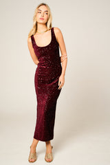 Wine Sequin Sleeveless Sparkly Bodycon Midi Dress - Romancia
