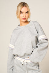 Grey Oversized Striped Sleeves Sweatshirt With Trouser Co Ord Set - Floranique