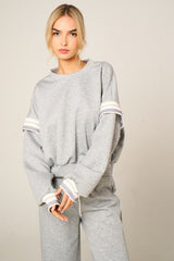 Grey Oversized Striped Sleeves Sweatshirt With Trouser Co Ord Set - Floranique
