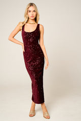 Wine Sequin Sleeveless Sparkly Bodycon Midi Dress - Romancia
