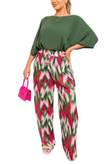 Green Printed Wide Leg Trousers with Waist Tie Detail- Ziana