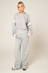 Grey Oversized Striped Sleeves Sweatshirt With Trouser Co Ord Set - Floranique