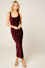Wine Sequin Sleeveless Sparkly Bodycon Midi Dress - Romancia