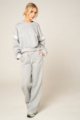Grey Oversized Striped Sleeves Sweatshirt With Trouser Co Ord Set - Floranique