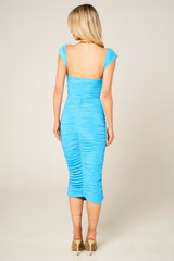 Blue Bardot Cowl Neck Ruched Midi Dress - Malia