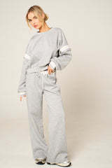 Grey Oversized Striped Sleeves Sweatshirt With Trouser Co Ord Set - Floranique