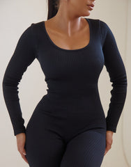 Black Ribbed Long Sleeve Fitted Jumpsuit - Amara