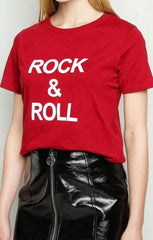 Red ‘Rock & Roll’ Slogan Print T-Shirt - Carisella