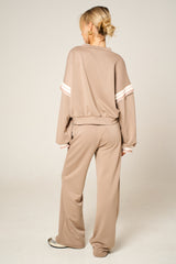 Stone Oversized Striped Sleeves Sweatshirt With Trouser Co Ord Set - Floranique