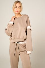 Stone Oversized Striped Sleeves Sweatshirt With Trouser Co Ord Set - Floranique